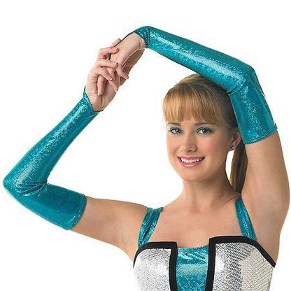 Long metallic glitter glove worn on arm, extending past elbow, densely covered in shimmering glitter on stretch fabric, with smooth elastic cuff—designed for stage and uniform sparkle. made to order