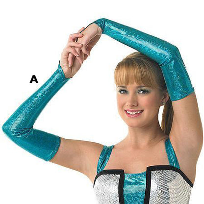 Long metallic glitter glove worn on arm, extending past elbow, densely covered in shimmering glitter on stretch fabric, with smooth elastic cuff—designed for stage and uniform sparkle. made to order