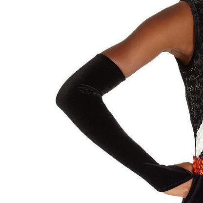 Long plush gloves stretch fabric, laid flat with full-finger coverage, and smooth seamless finish designed for guard and dance performances. made to order