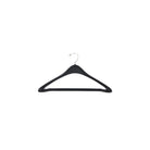 A single 19-inch black plastic hanger featuring contoured shoulders, a durable chrome swivel hook, and a flat lower bar with adhesive backing—ideal for securing pants in garment bags during travel.