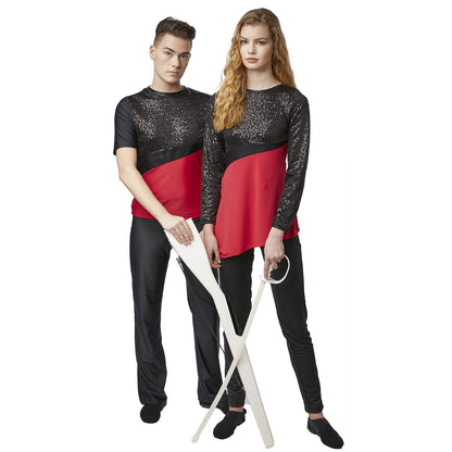 Vivace Influence ladies tunic in red Mystique inset, silver micro‑sequin upper, black spandex bottom, paired with white rifle and sabre—showcasing performance-ready styling.