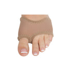 Dark-tan neoprene half-sole cover showing clean stitching around toe openings and reinforced suede surface for smooth studio or stage turns.