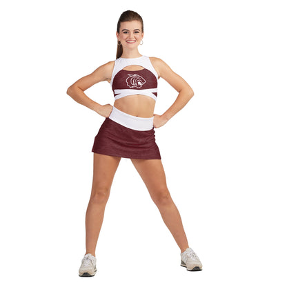 Female performer in a maroon and white custom two-piece cheer or dance uniform featuring a high-waisted maroon s-line skirt with subtle geometric pattern and wide white waistband