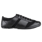 Prowler marching shoe in black/nude leather-like upper with athletic lace-up styling, padded collar, and textured rubber outsole featuring pivot point for precision drill movements.