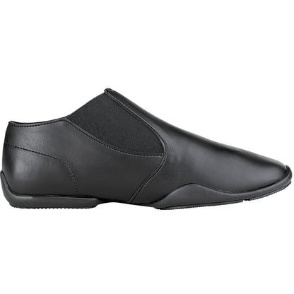 Relevé slip-on dance shoe in black (or nude) full-grain leather with elastic gore panels, split-sole rubber outsole, padded arch support, and protective toe and heel wrap ideal for indoor performance.