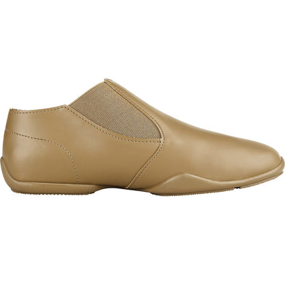 Relevé slip-on dance shoe in black (or nude) full-grain leather with elastic gore panels, split-sole rubber outsole, padded arch support, and protective toe and heel wrap ideal for indoor performance.