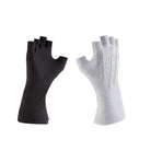Pair of StylePlus fingerless long-wrist cotton gloves in black and white, extending past the wrist with hemmed finger openings and smooth knit fabric