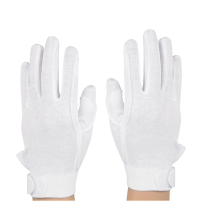 Back-of-hand view of StylePlus Deluxe Military Gloves revealing cotton knit across knuckles and extended wrist coverage with snug fit. in white