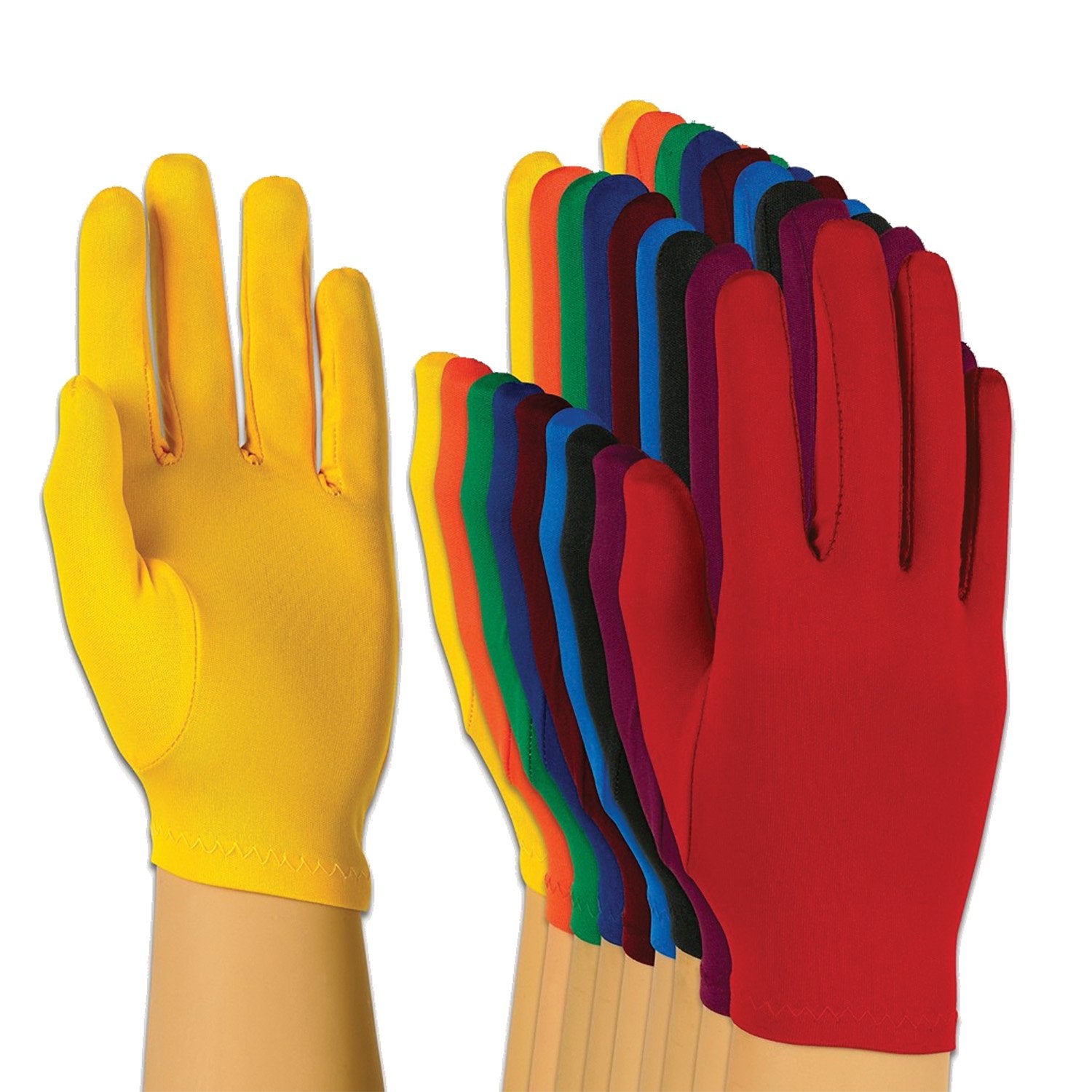 Model’s hands wearing StylePlus stretch polyester gloves, highlighting snug full-finger fit and smooth seamless appearance across knuckles and palm. available in black, red, orange, yellow, maroon, green, navy, royal, purple 