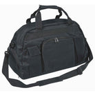 Black Super Day Pack made from 600‑denier nylon with PVC backing, featuring dual carry handles, adjustable shoulder strap, front mesh zip pocket, side pouches, and reinforced plastic bottom—ideal for storing shoes, outfit, makeup, and water bottle with compact 19″ × 11″ × 10.5″ size
