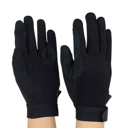Pair of StylePlus Deluxe Sure‑Grip gloves in black stretch polyester, featuring full‑finger coverage, elastic wrist cuff, and textured palm grip dots for extra handling control
