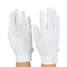 Pair of StylePlus Deluxe Sure‑Grip gloves in white stretch polyester, featuring full‑finger coverage, elastic wrist cuff, and textured palm grip dots for extra handling control