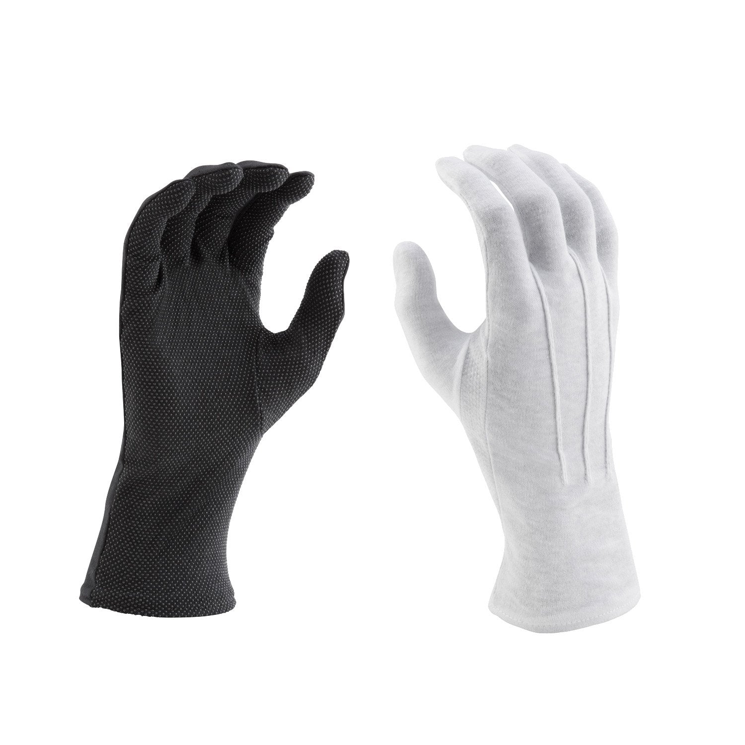 Model wearing StylePlus Long‑Wrist Sure‑Grip gloves, showing snug fit over fingers and extended wrist, enhanced palm grip, and elastic stretch Back of hand in StylePlus Long‑Wrist glove, highlighting smooth nylon knit across knuckles and long‑wrist cuff for conductor or equipment use.
