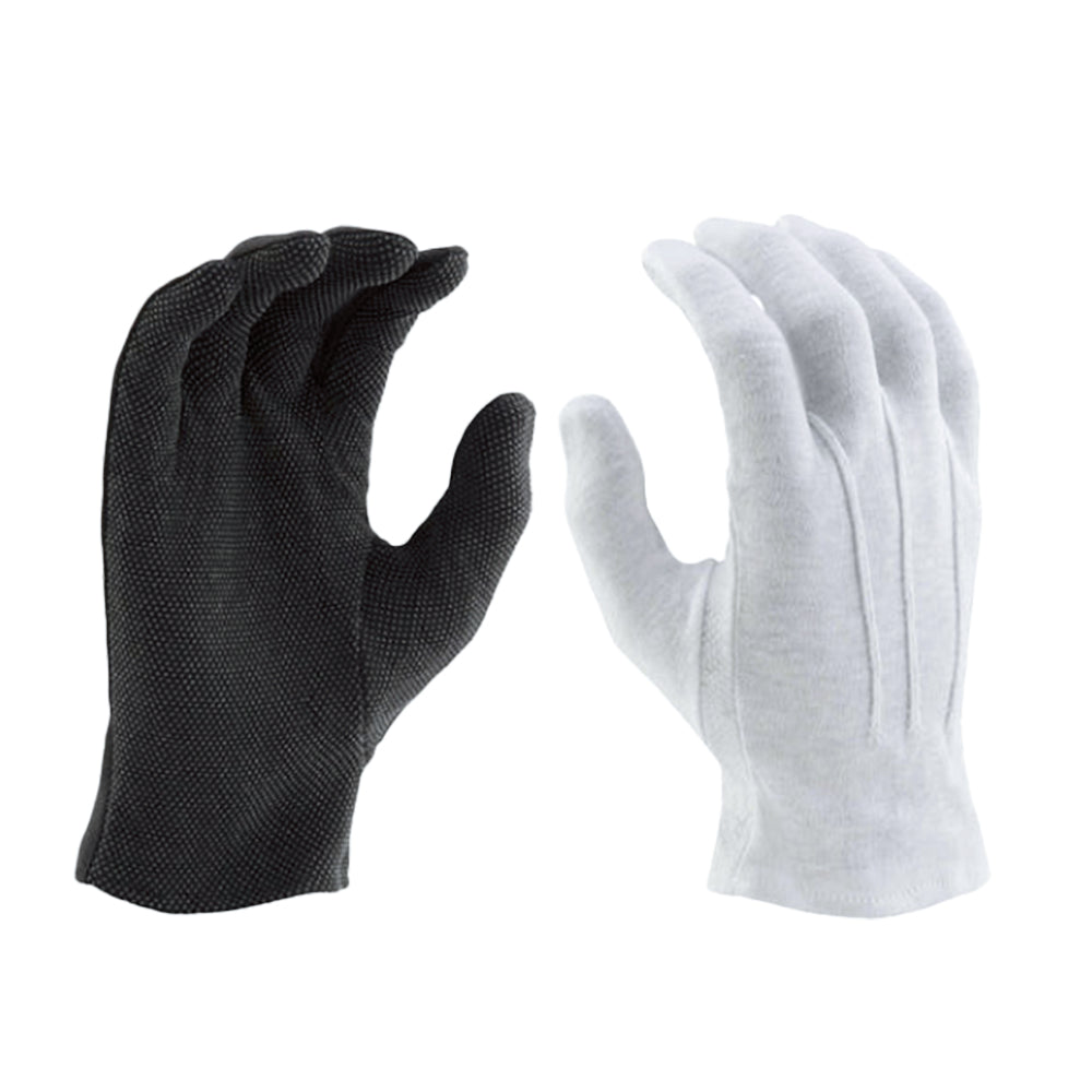 Vivace short cotton glove with PVC grip dots across the palm, snug elastic wrist cuff, and reinforced thumb seam—designed for secure contact with flags, batons, or props. available in black or white 