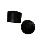 White and black Vivace vinyl pole cap shown both outside and inside views—smooth exterior cap and hollow interior lip to securely grip 1″ pole shafts.