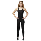 Vivace unisex black stretch unitard on female model, with slim-fitting silhouette, scoop neck, and ankle-length design for flexible performance wear.