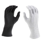 Pair of Vivace long-wrist cotton gloves in black and white, featuring full-finger coverage, extended wrist knit cuff, and densely patterned PVC grip dots on palm and fingers—designed for secure flag, baton, and equipment handling.
