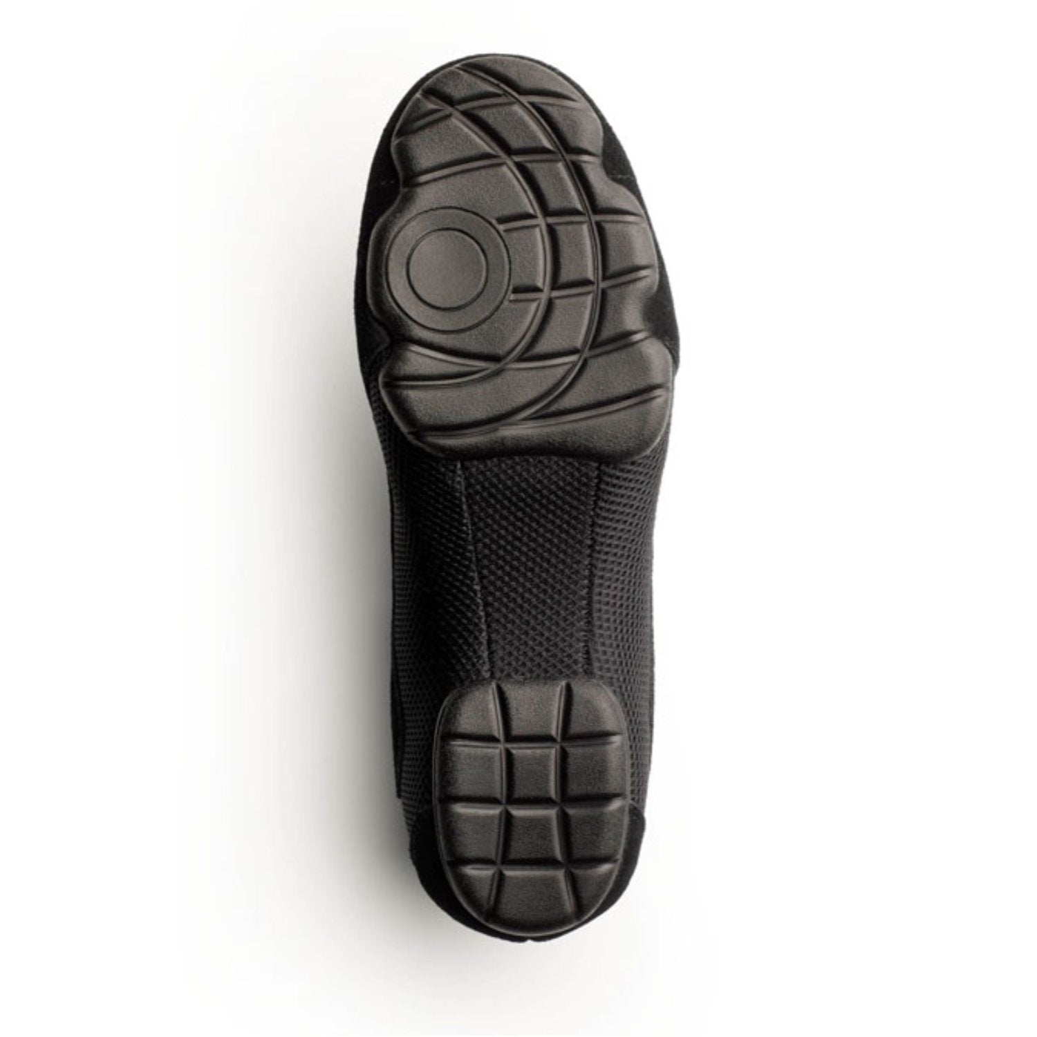 Sole view of Dinkles Accent guard shoe showing full rubber PU sole pads with sewn split‑sole pattern, circular pivot zone, and deep traction grooves for indoor/outdoor use