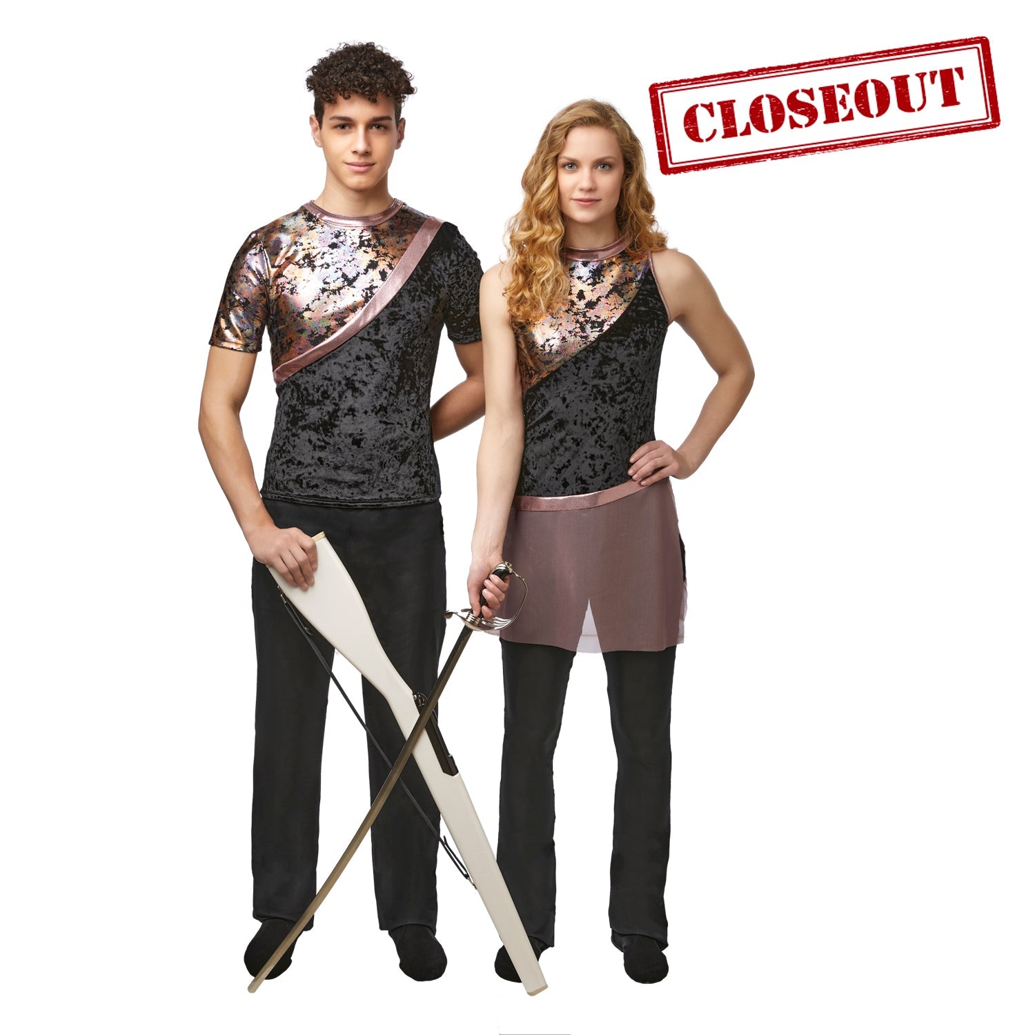 Vivace Avidity tunic with sleeveless mock neck, crushed velvet black body, rose‑gold oil‑spill patterned bodice, and sheer mauve drop‑waist skirt. Accompanied by a Male version of the same style top.