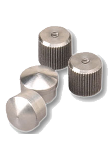 Set of four aluminum top pole plugs in polished silver and black finishes with knurled barrel—designed to screw into 1″ flag pole tops to secure decorative ornaments and prevent fraying