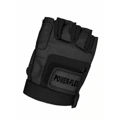 StylePLUS Power‑Flex fingerless glove in black stretch Lycra displayed flat with exposed fingertips, reinforced palm grip patch, and elastic cuff for secure guard and flag handling.