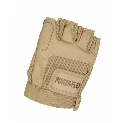 StylePLUS Power‑Flex fingerless glove in light tan stretch Lycra displayed flat with exposed fingertips, reinforced palm grip patch, and elastic cuff for secure guard and flag handling.