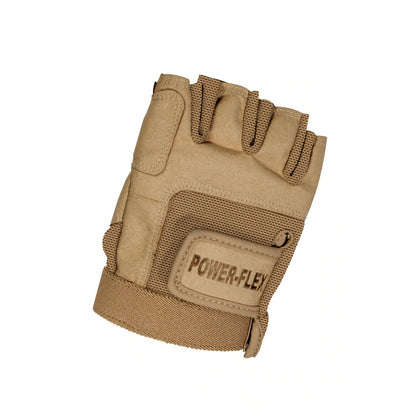 StylePLUS Power‑Flex fingerless glove in medium tan stretch Lycra displayed flat with exposed fingertips, reinforced palm grip patch, and elastic cuff for secure guard and flag handling.