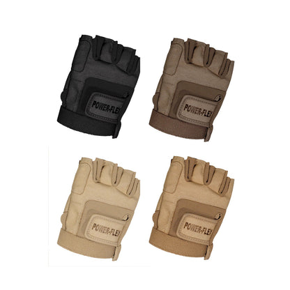 StylePLUS Power‑Flex fingerless glove in black, light, medium, and dark tan stretch Lycra displayed flat with exposed fingertips, reinforced palm grip patch, and elastic cuff for secure guard and flag handling.