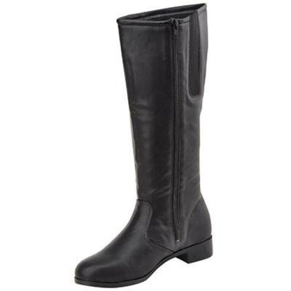 Side view of black Gotham Dallas Team Boot showing inside zipper, elastic stretch panel, and neat stitching along calf-high shaft.