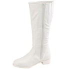Side view of white Dallas Team Boot highlighting inside zipper, fully lined soft vinyl upper, and cushioned heel for performance comfort.