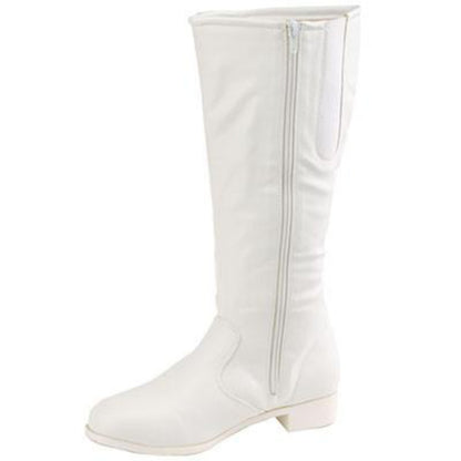 Side view of white Dallas Team Boot highlighting inside zipper, fully lined soft vinyl upper, and cushioned heel for performance comfort.